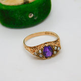 9ct Gold Victorian Style, Amethyst & Seed Pearl Boat Ring Vintage 1970 London