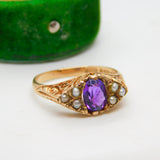 9ct Gold Victorian Style, Amethyst & Seed Pearl Boat Ring Vintage 1970 London