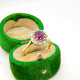 18ct Yellow Gold, Amethyst & Diamond Floral Cluster Ring Vintage 1983 London