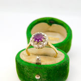 18ct Yellow Gold, Amethyst & Diamond Floral Cluster Ring Vintage 1983 London