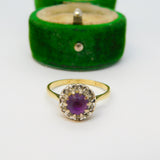 18ct Yellow Gold, Amethyst & Diamond Floral Cluster Ring Vintage 1983 London