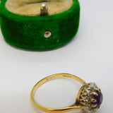 18ct Yellow Gold, Amethyst & Diamond Floral Cluster Ring Vintage 1983 London