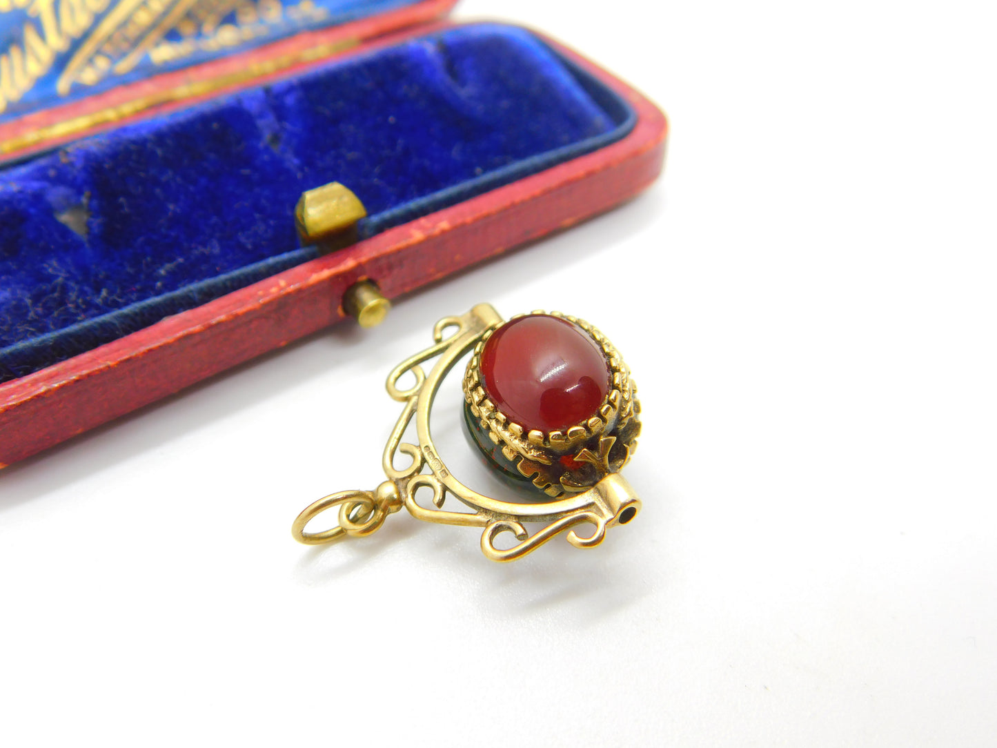 9ct Gold Bloodstone, Carnelian, Onyx Spinner Fob Pendant Vintage c1990