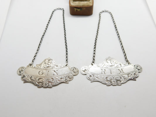 Pair of Victorian Sterling Silver Rum & Gin Decanter Labels 1858 Birmingham