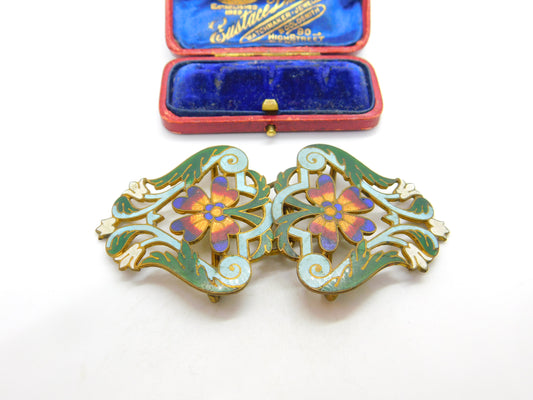 Victorian Art Nouveau Gilt Metal Colourful Enamel Floral Nurses Buckle c1880