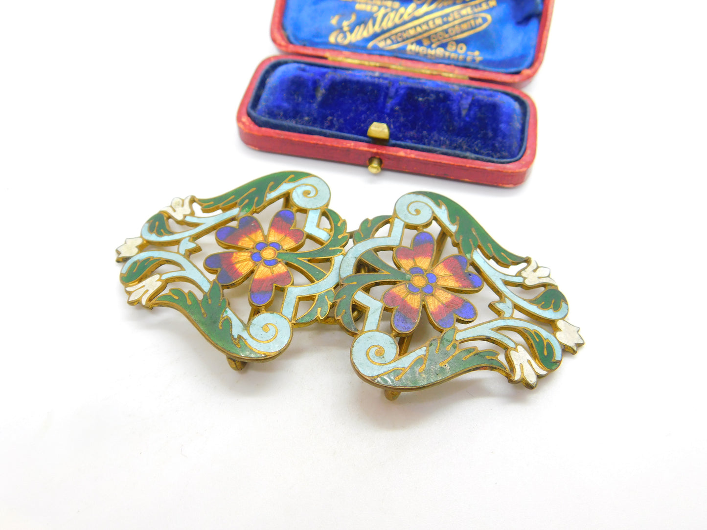 Victorian Art Nouveau Gilt Metal Colourful Enamel Floral Nurses Buckle c1880