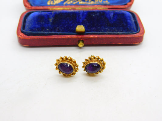 9ct Yellow Gold & Faceted Amethyst Floral Stud Earrings Vintage c1970