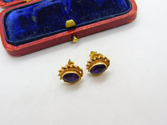 9ct Yellow Gold & Faceted Amethyst Floral Stud Earrings Vintage c1970