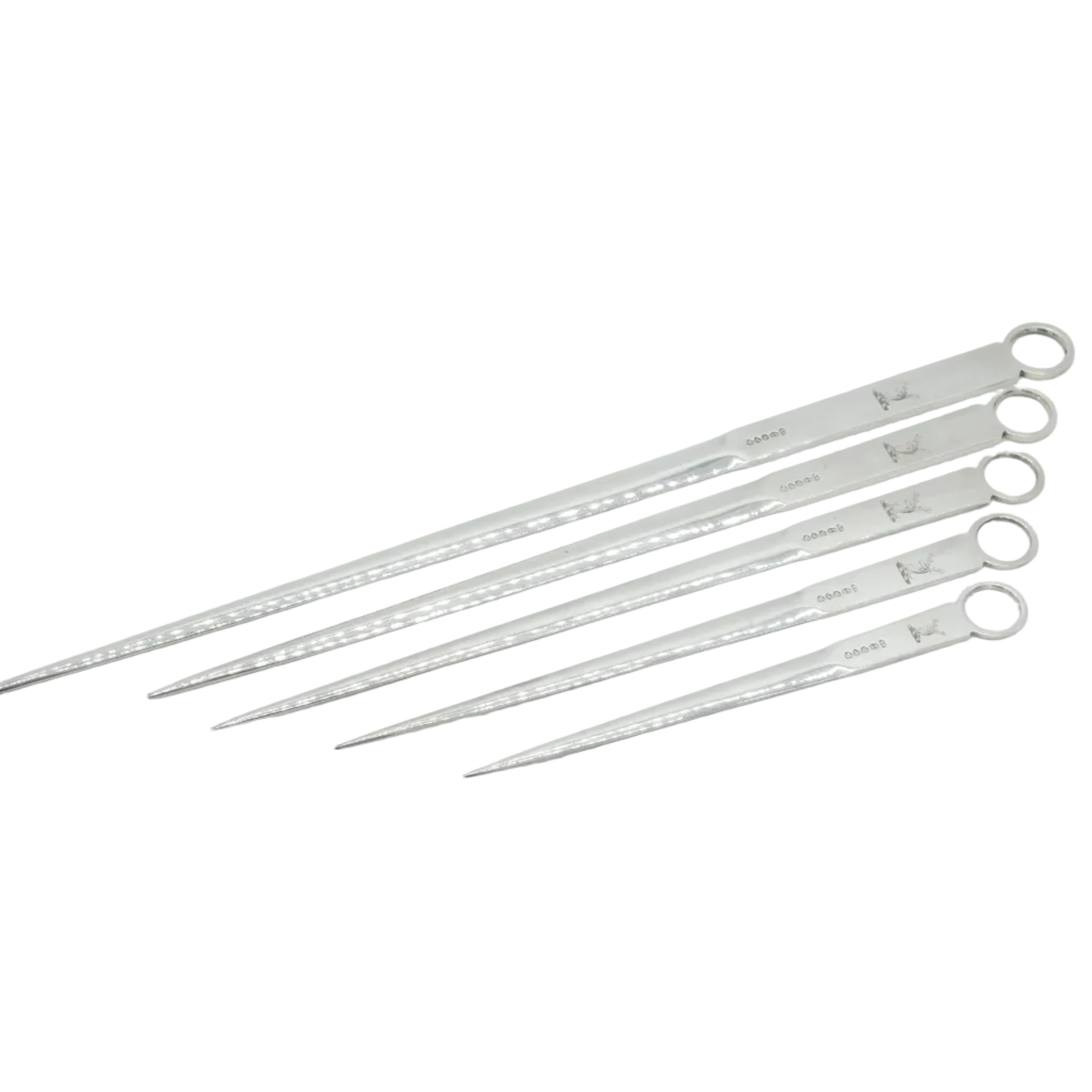 A set of five silver-plated meat skewers with graduated sizes and family crests on the tips, displayed against a white background.