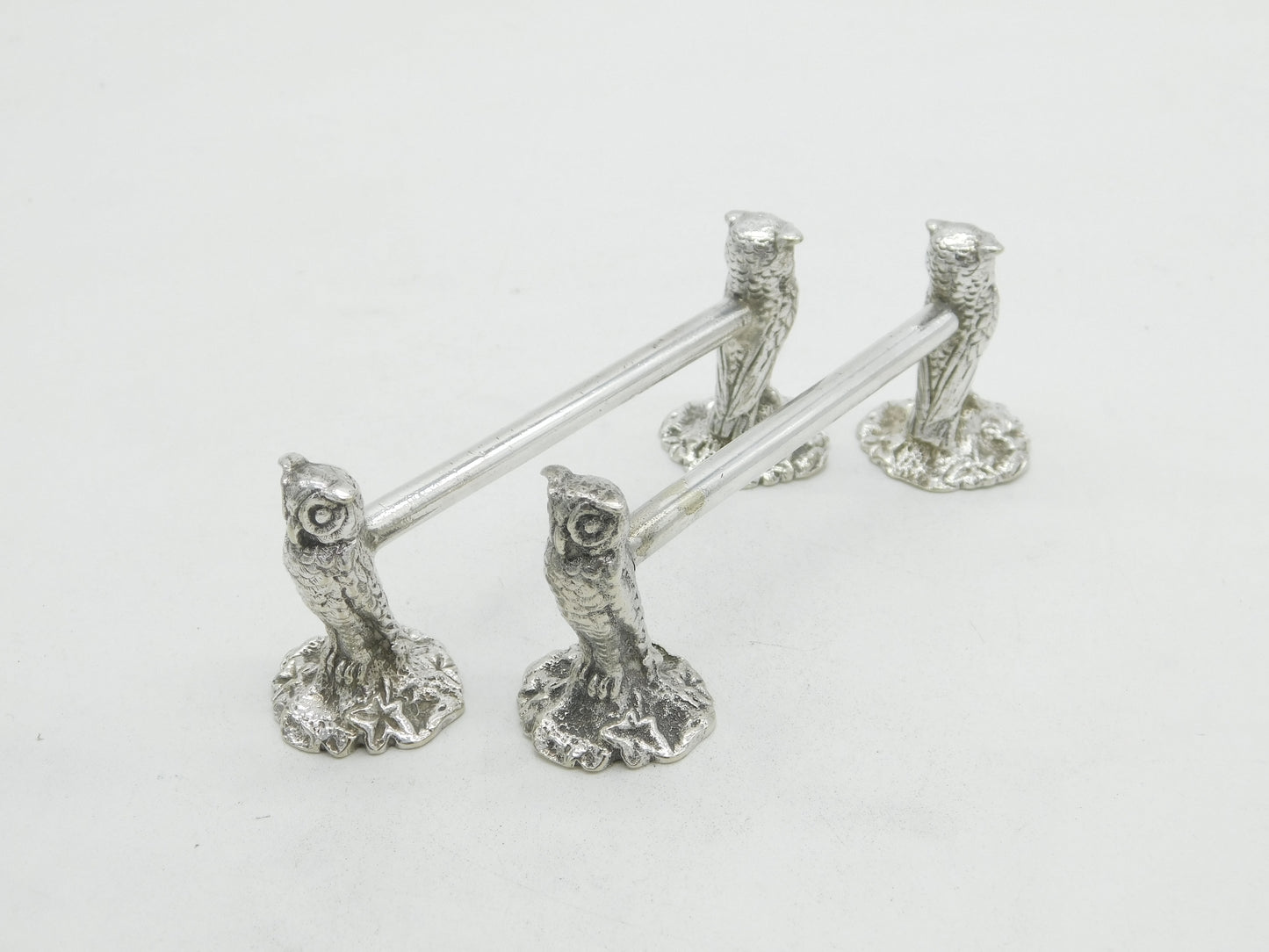 Victorian Pair of Silver Plated Perched Owl Knife Rests Antique c1880 Sheffield