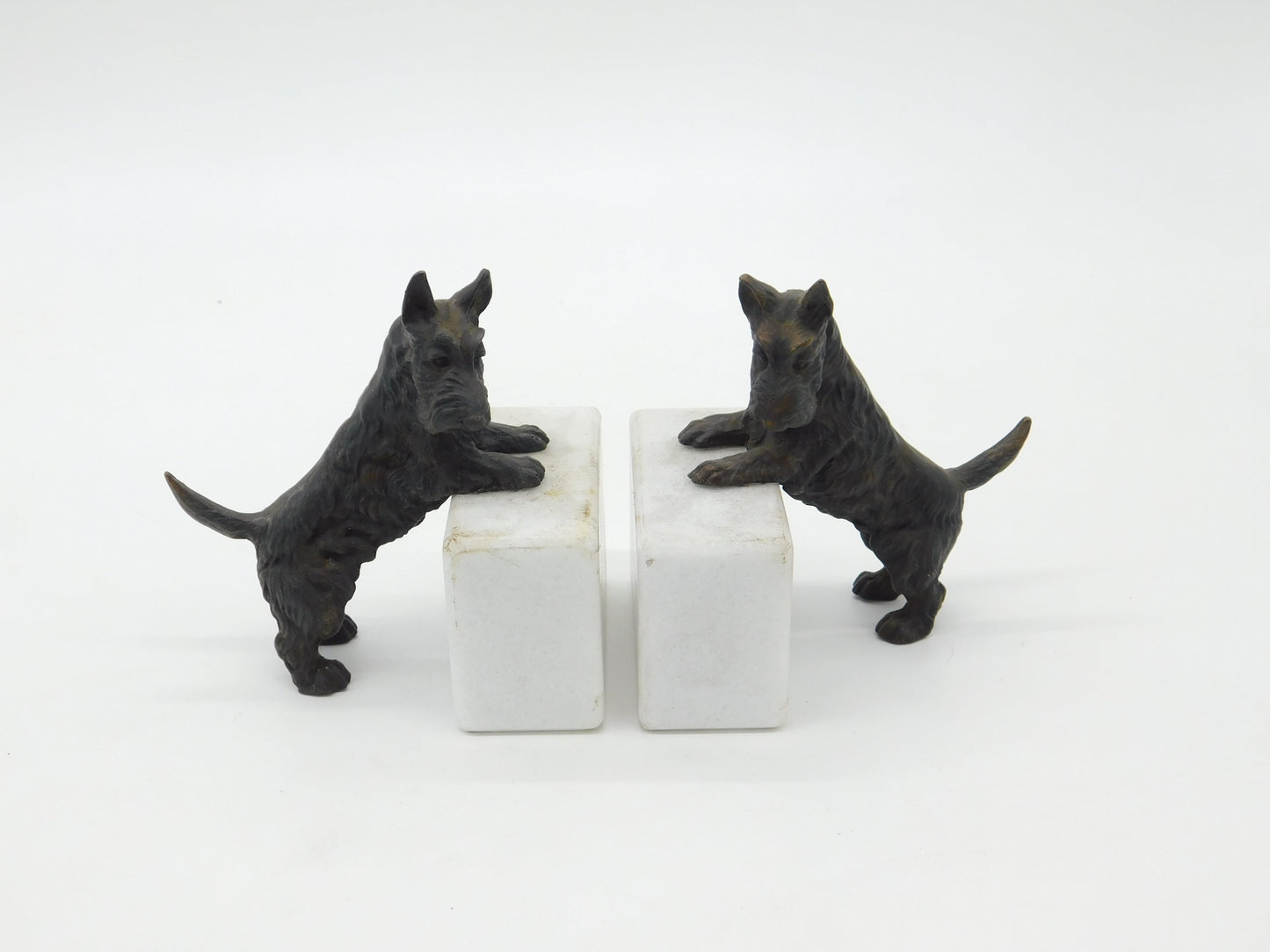 Pair of Cast Bronze & Marble Westie Terrier Dog Bookends Vintage c1970