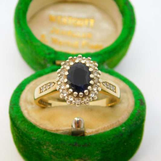 9ct Yellow Gold, 0.4ct Sapphire & Diamond Cluster Ring Vintage 1988 London