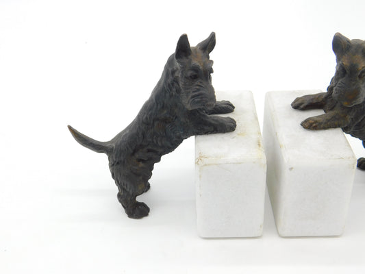 Pair of Cast Bronze & Marble Westie Terrier Dog Bookends Vintage c1970