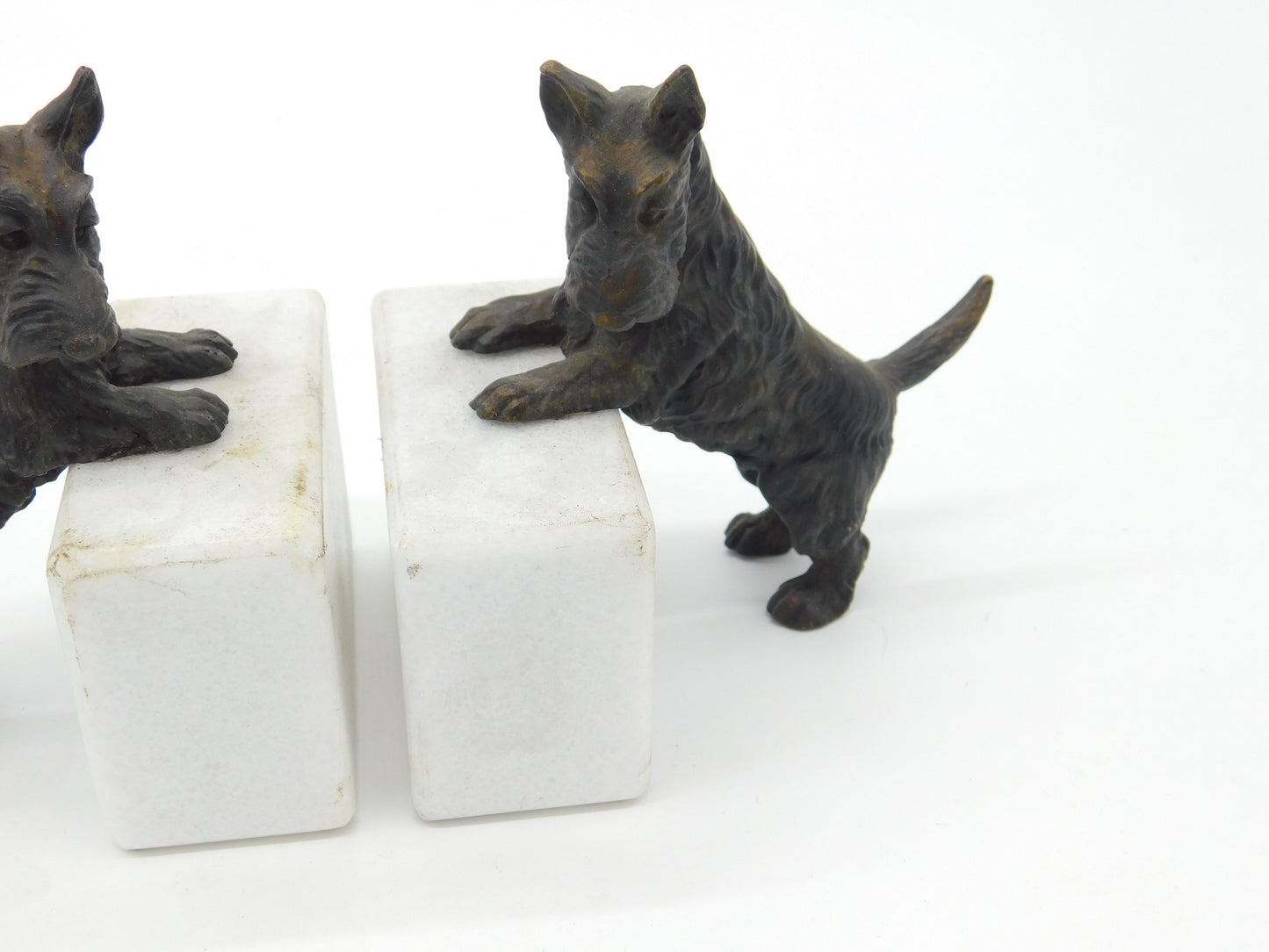 Pair of Cast Bronze & Marble Westie Terrier Dog Bookends Vintage c1970