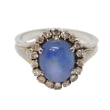 18ct White Gold, 2.5ct Cabochon Star Sapphire & 1 ct Diamond Cluster Ring Vintage