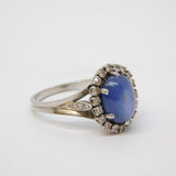18ct White Gold, 2.5ct Cabochon Star Sapphire & 1 ct Diamond Cluster Ring Vintage