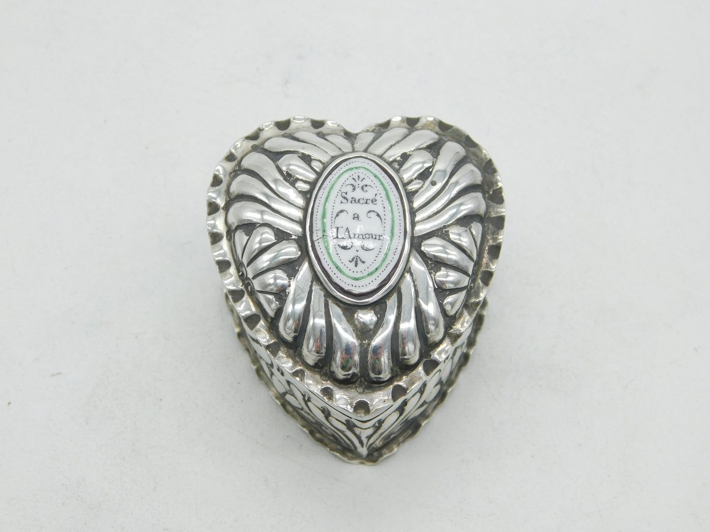 Victorian Sterling Silver Enamel Heart Shape Trinket Box 1888 London Antique