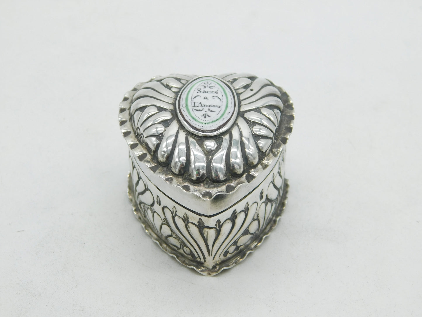 Victorian Sterling Silver Enamel Heart Shape Trinket Box 1888 London Antique