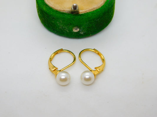 18ct Yellow Gold & Pearl Set Hook Hoop Earrings Vintage c1980