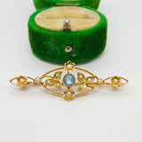 Edwardian 15ct Yellow Gold, Topaz & Seed Pearl Floral Brooch Antique c1910