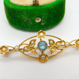Edwardian 15ct Yellow Gold, Topaz & Seed Pearl Floral Brooch Antique c1910