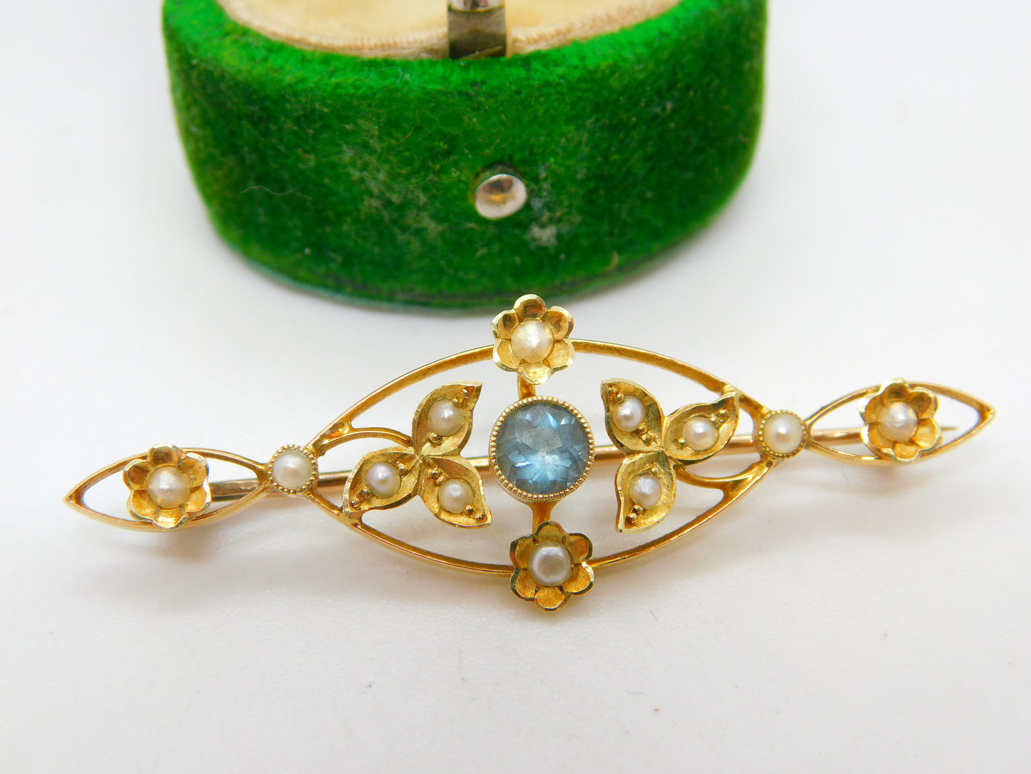 Edwardian 15ct Yellow Gold, Topaz & Seed Pearl Floral Brooch Antique c1910