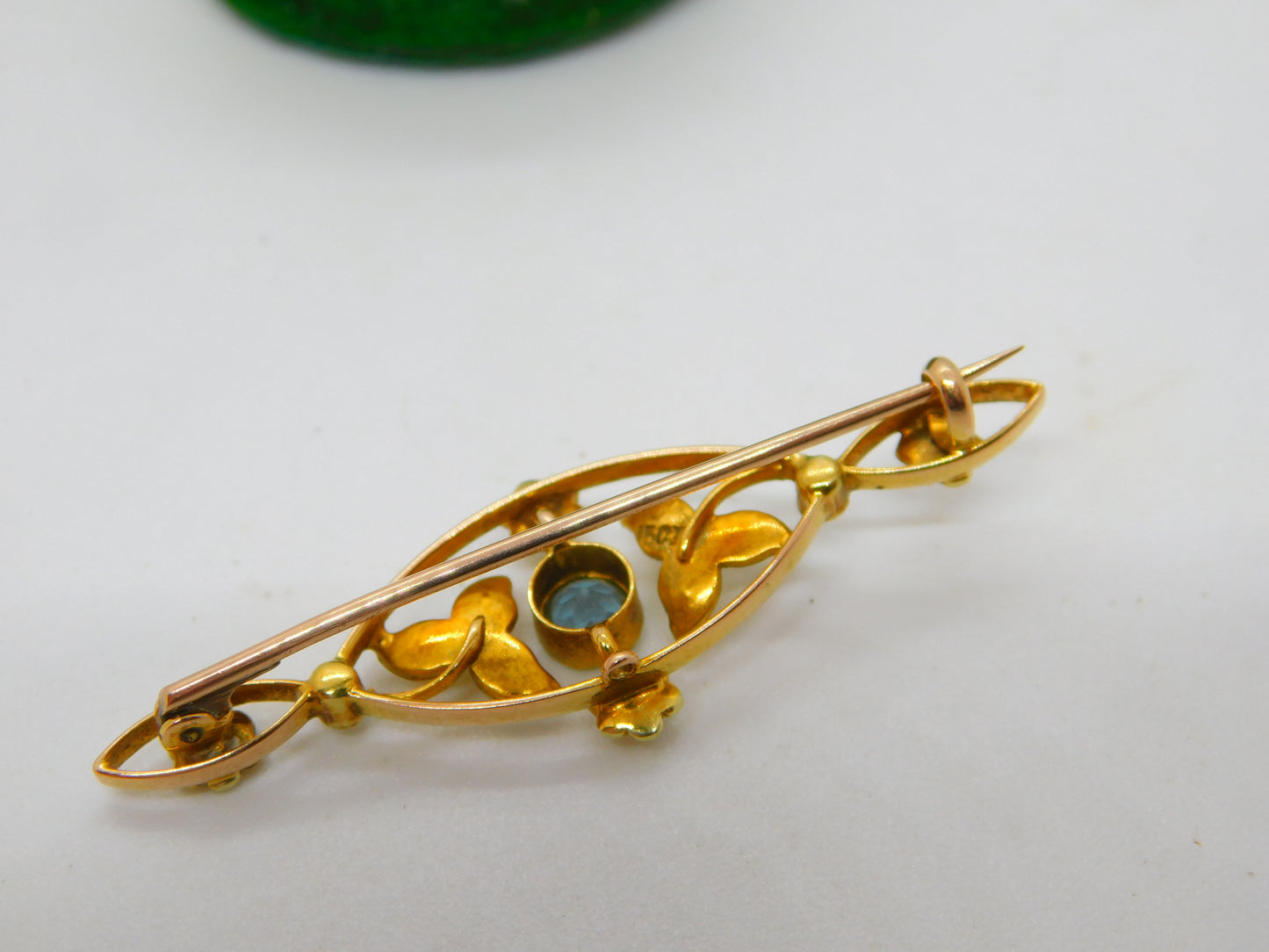 Edwardian 15ct Yellow Gold, Topaz & Seed Pearl Floral Brooch Antique c1910