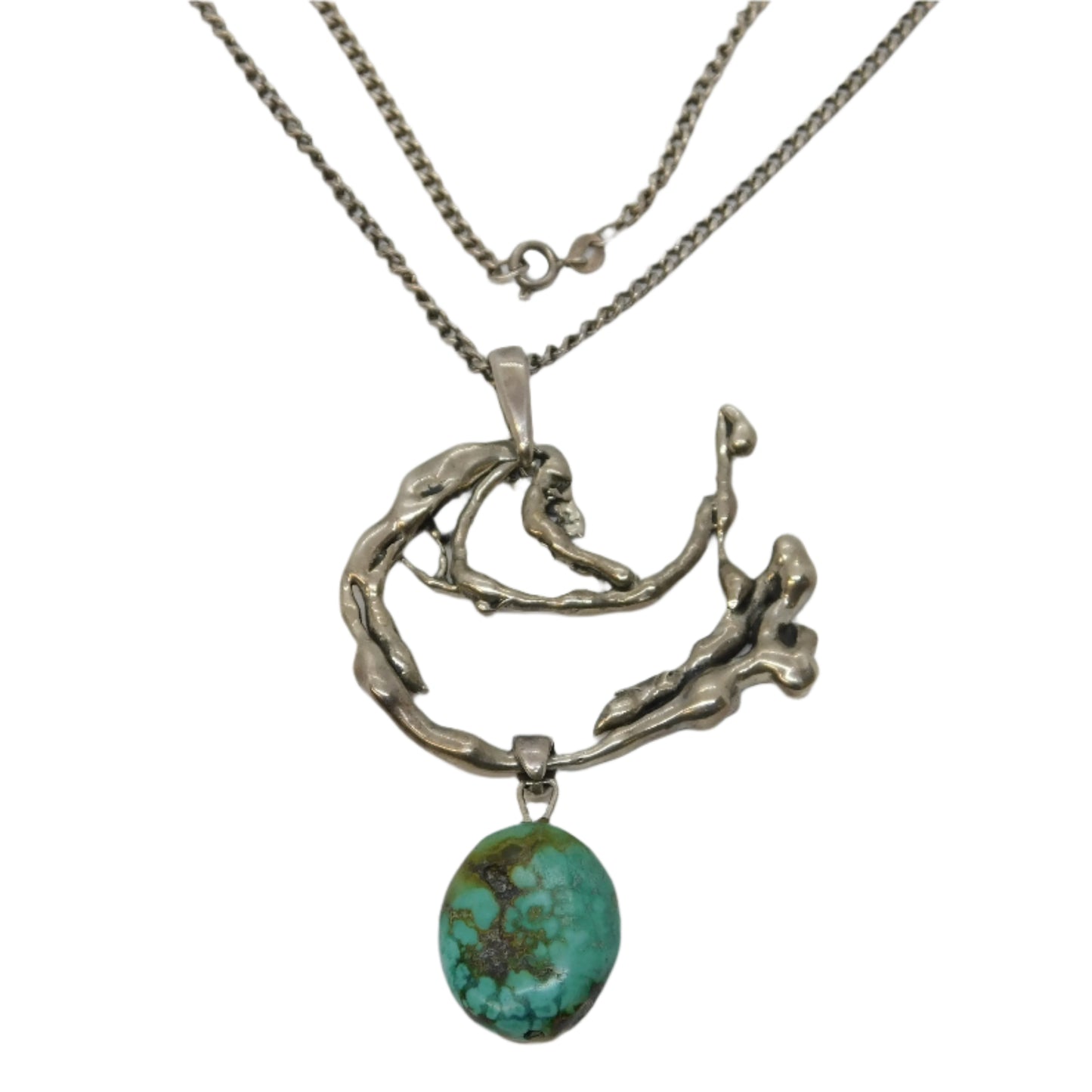 Austro-Hungarian Style Sterling Silver, Raw Turquoise Abstract Pendant Necklace