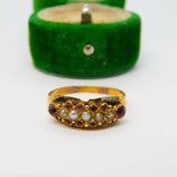 Victorian 15ct Yellow Gold, Garnet & Pearl Set Boat Ring Antique 1876 Chester