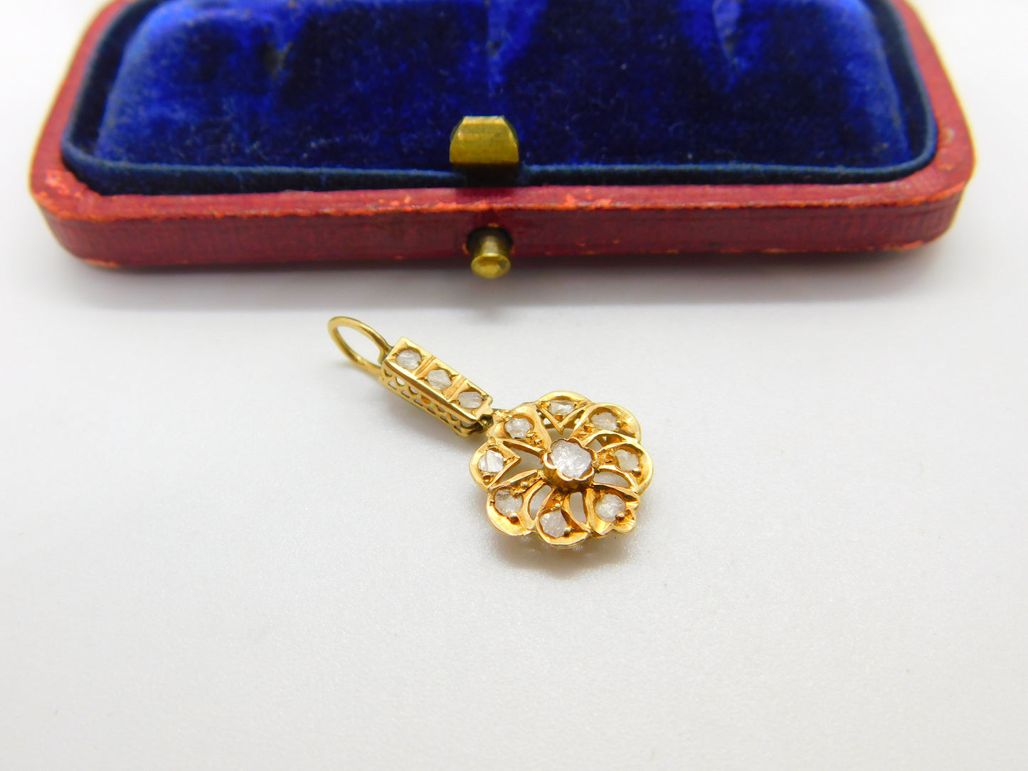 Early Victorian 18ct Gold & Old-Mine Cut Diamond Floral Drop Pendant Antique