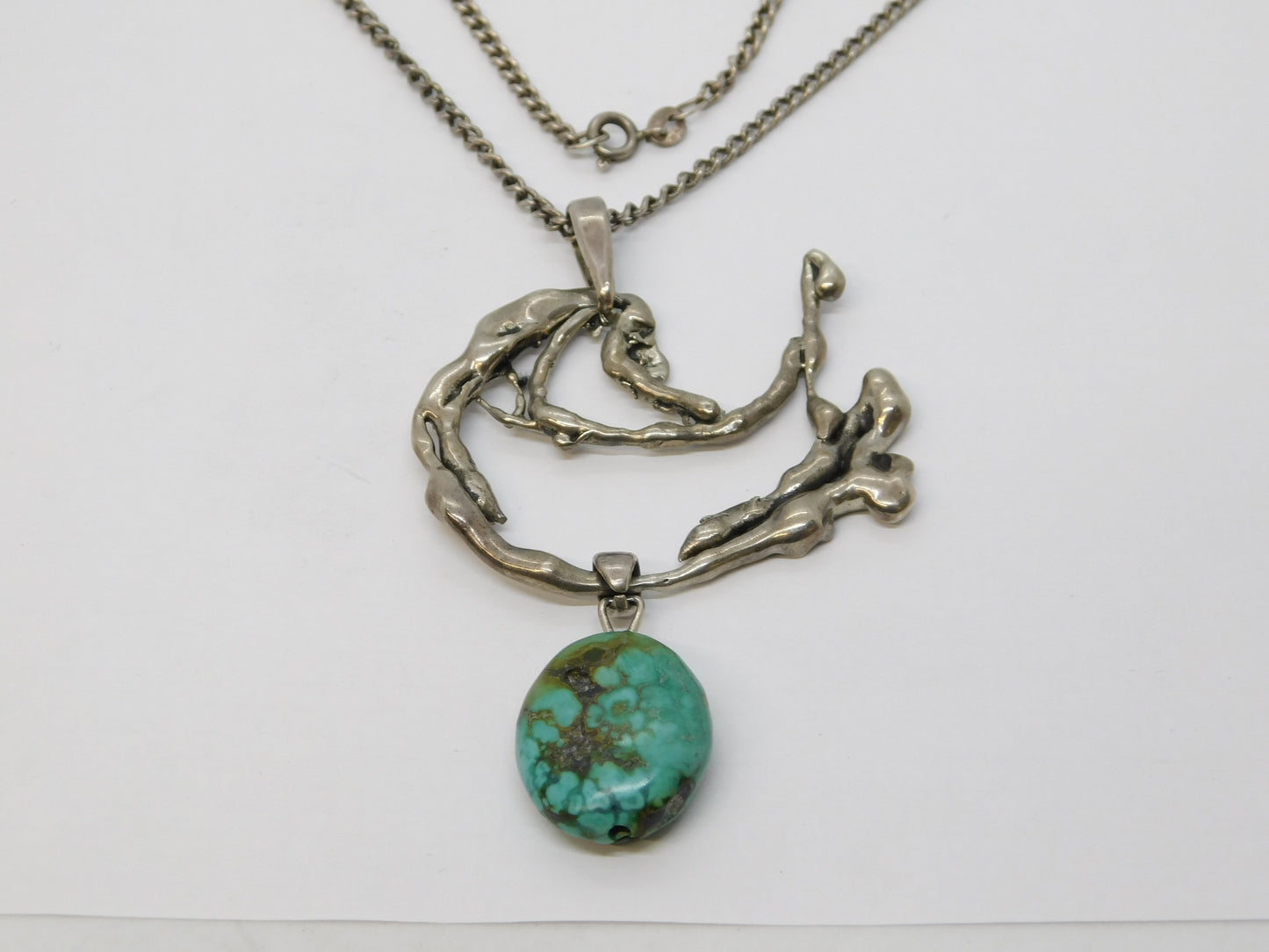 Austro-Hungarian Style Sterling Silver, Raw Turquoise Abstract Pendant Necklace
