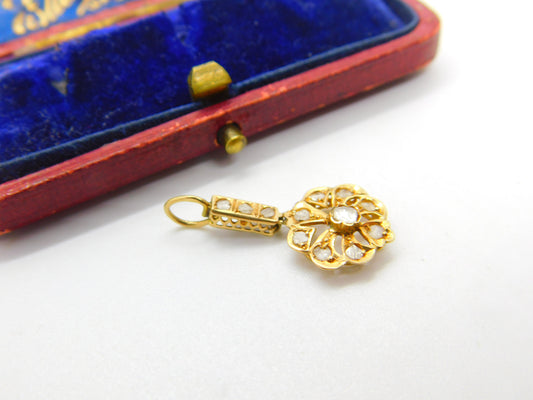 Early Victorian 18ct Gold & Old-Mine Cut Diamond Floral Drop Pendant Antique