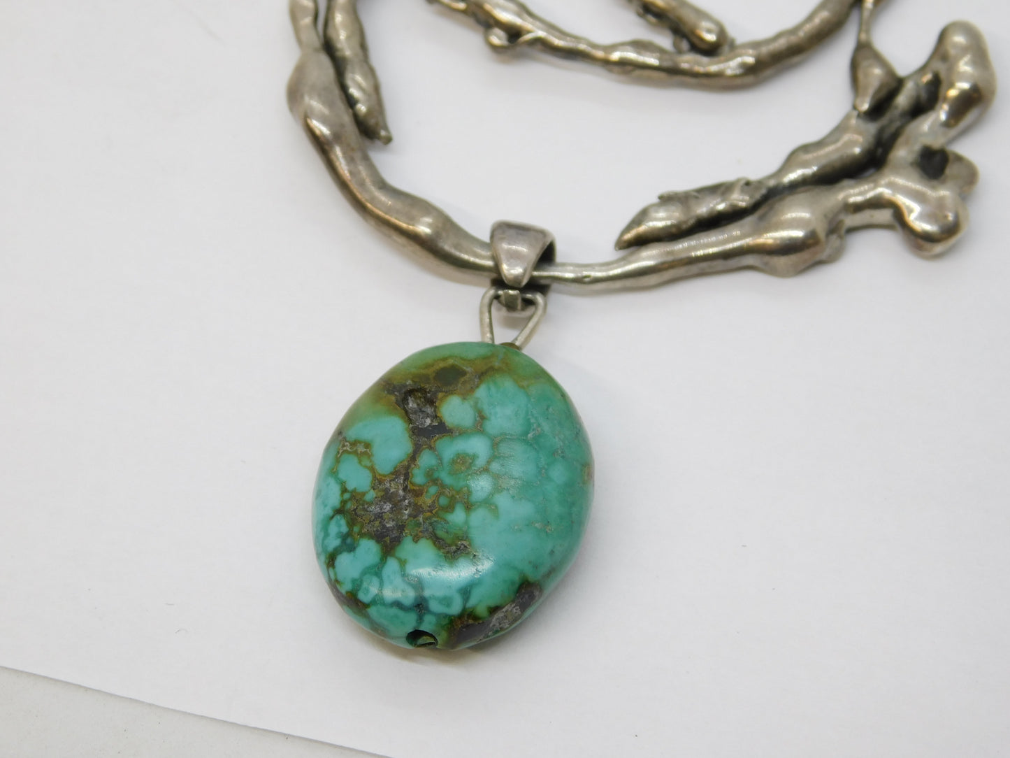 Austro-Hungarian Style Sterling Silver, Raw Turquoise Abstract Pendant Necklace