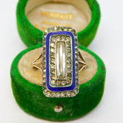 9ct Gold & Silver, Blue Enamel & Paste Set Cocktail Ring Antique c1920 Art Deco