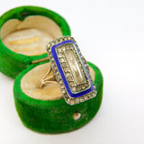 9ct Gold & Silver, Blue Enamel & Paste Set Cocktail Ring Antique c1920 Art Deco