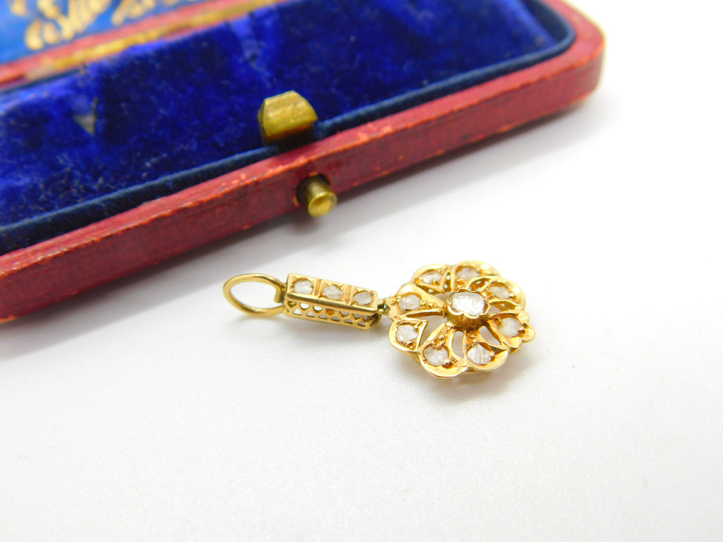 Early Victorian 18ct Gold & Old-Mine Cut Diamond Floral Drop Pendant Antique