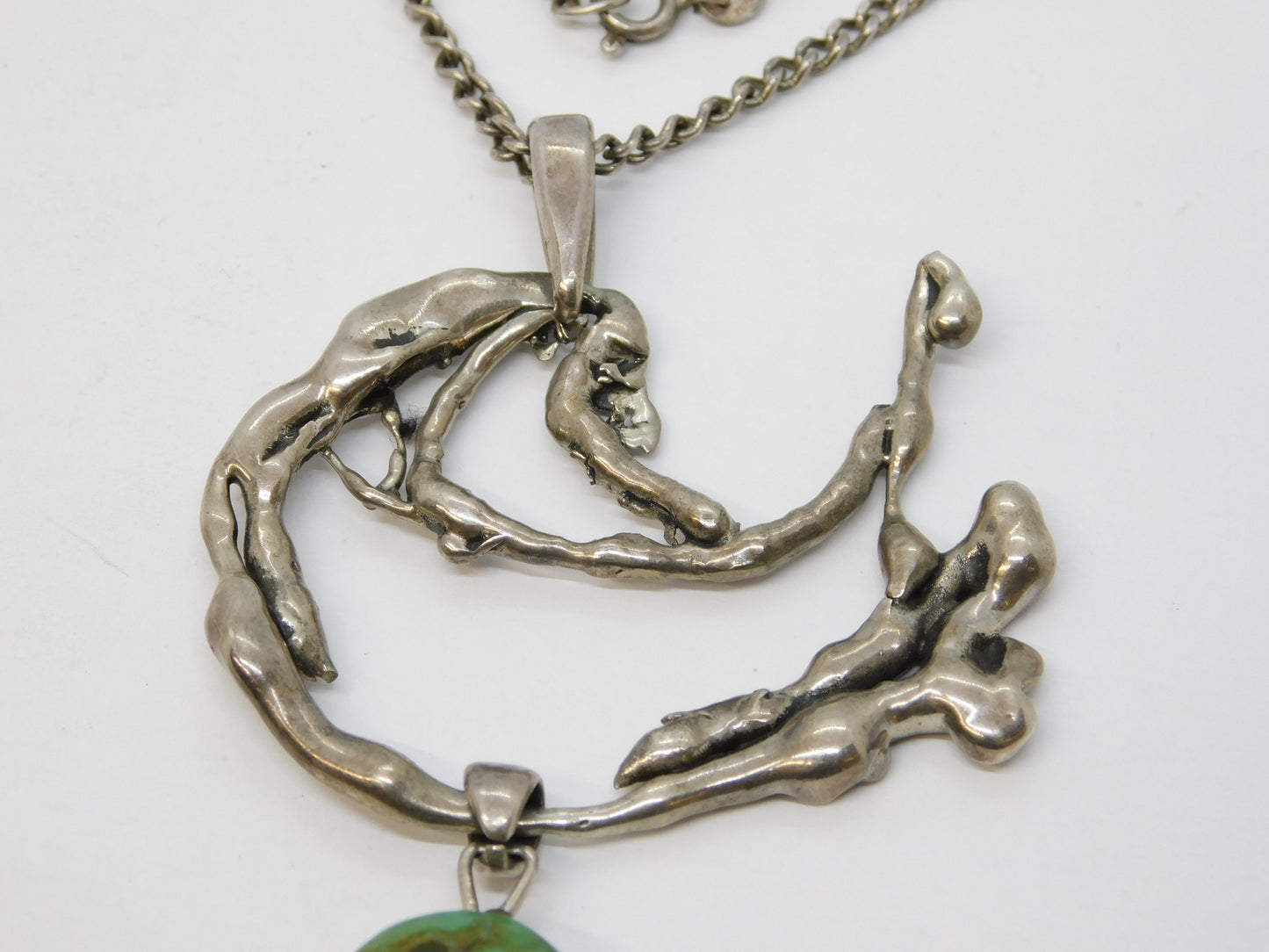 Austro-Hungarian Style Sterling Silver, Raw Turquoise Abstract Pendant Necklace