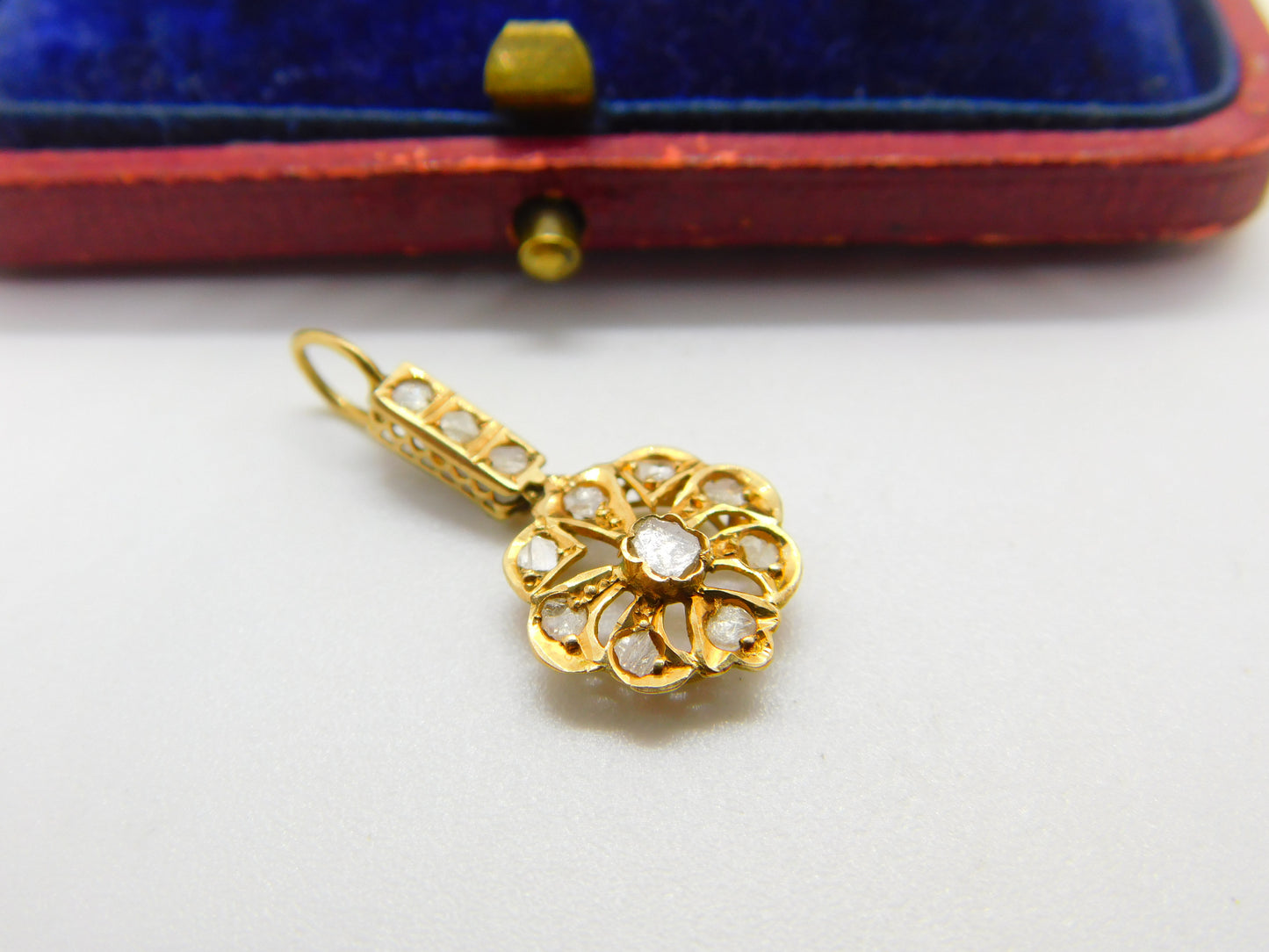 Early Victorian 18ct Gold & Old-Mine Cut Diamond Floral Drop Pendant Antique