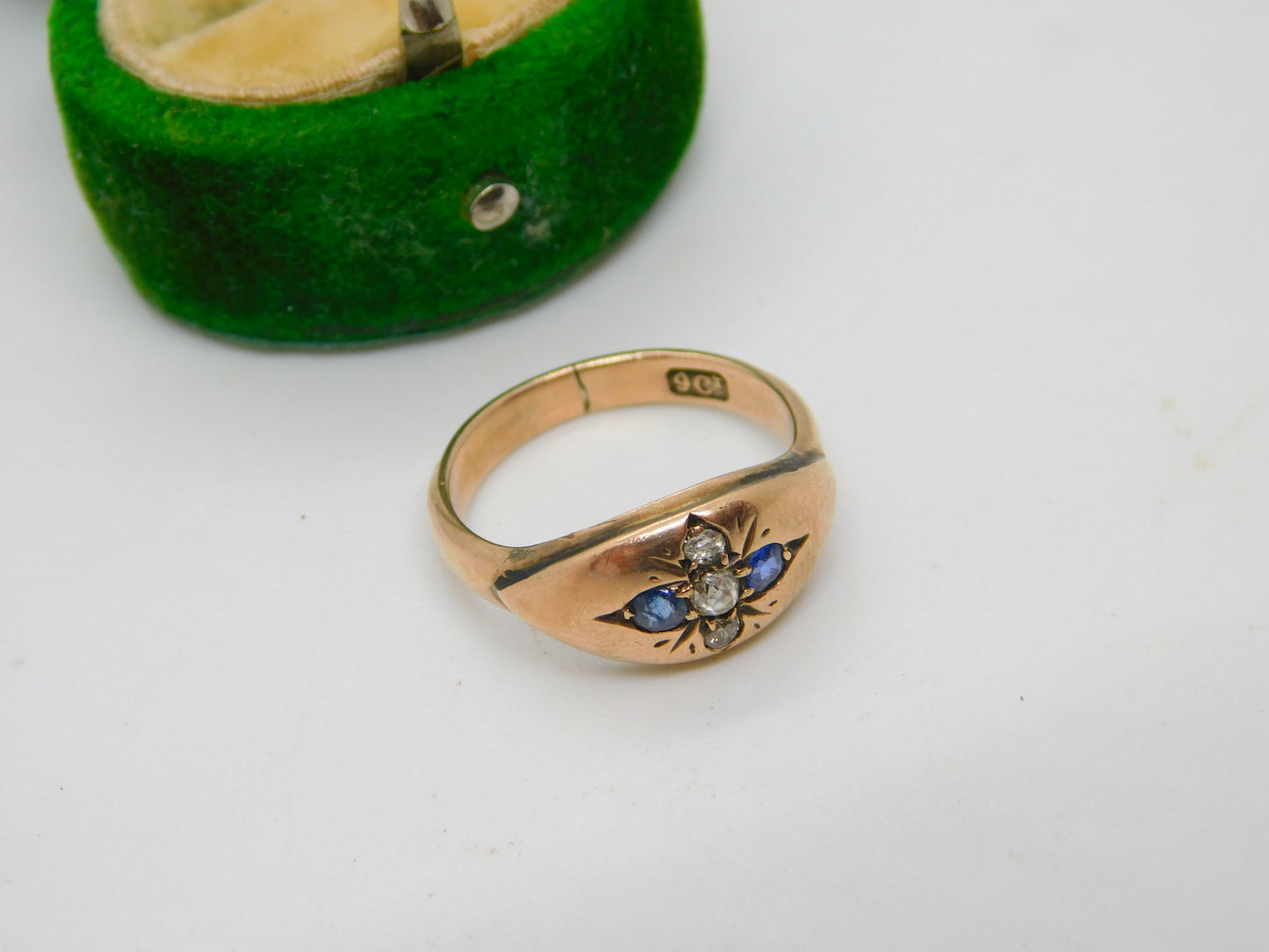 Victorian 9ct Gold, Sapphire & Old-Cut Diamond Boat Ring Antique c1890