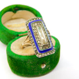 9ct Gold & Silver, Blue Enamel & Paste Set Cocktail Ring Antique c1920 Art Deco
