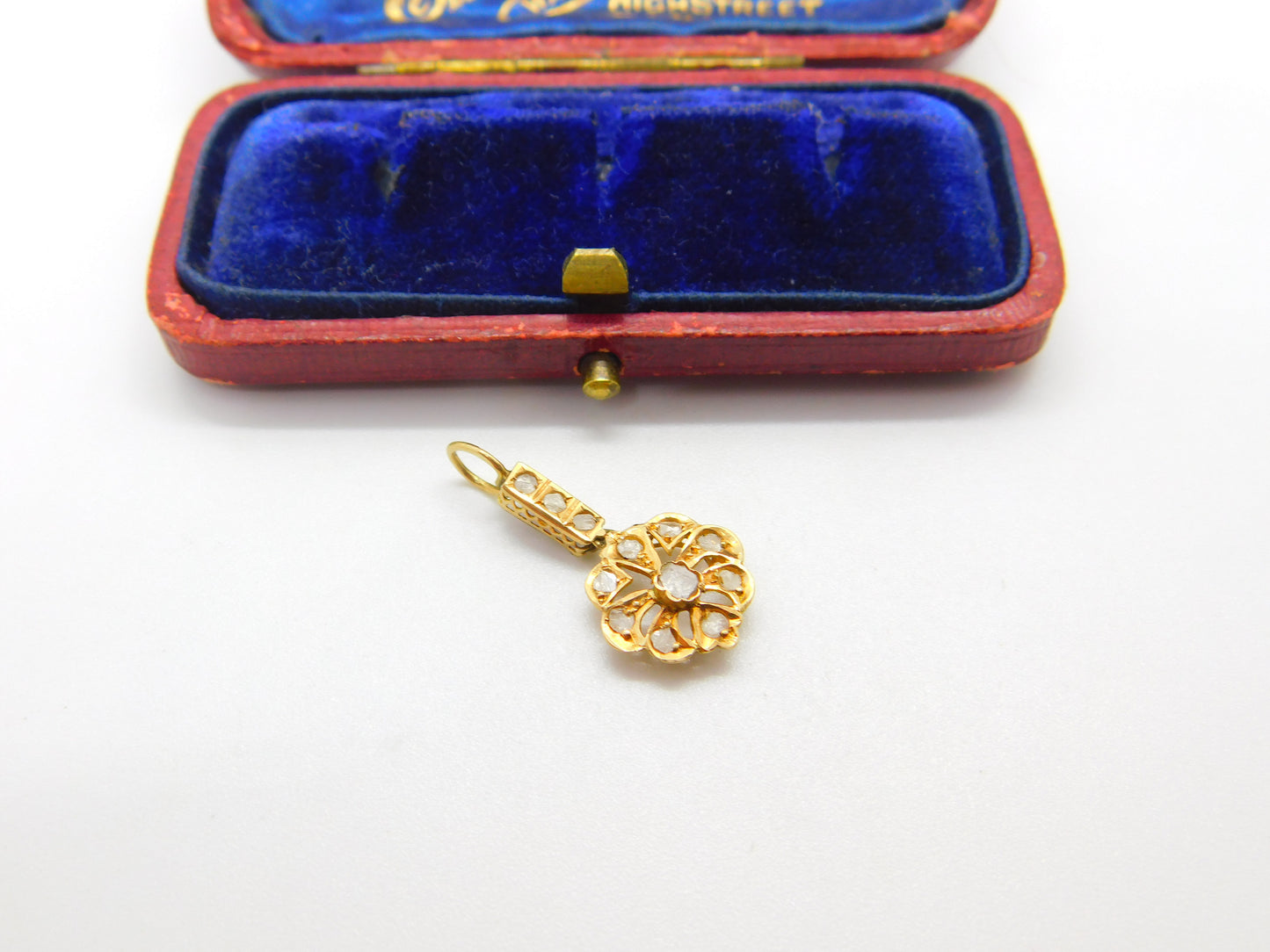 Early Victorian 18ct Gold & Old-Mine Cut Diamond Floral Drop Pendant Antique