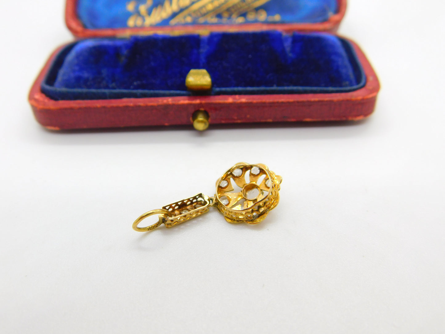 Early Victorian 18ct Gold & Old-Mine Cut Diamond Floral Drop Pendant Antique