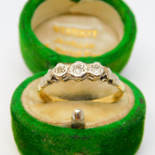 Victorian 18ct Yellow Gold Platinum Set Diamond Three-Stone Ring Antique c1890