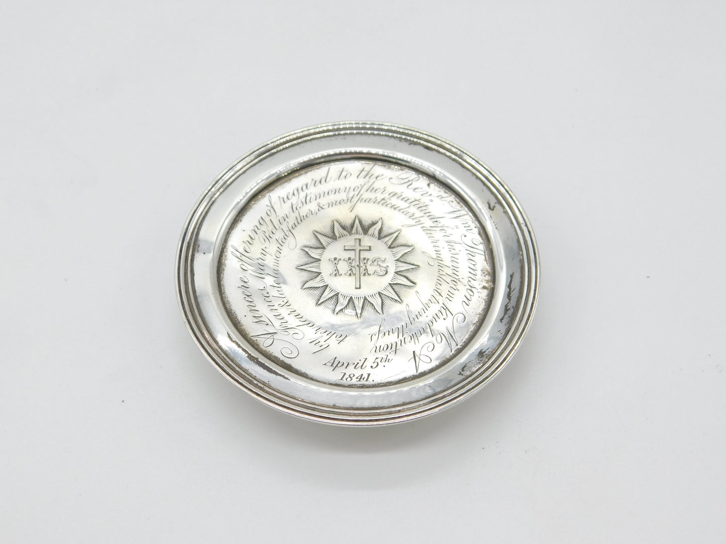 Victorian Sterling Silver IHS Communion Mourning Plate Antique 1839 London