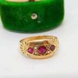 Victorian 9ct Gold, Ruby & Seed Pearl Boat Ring Antique c1890 Chester