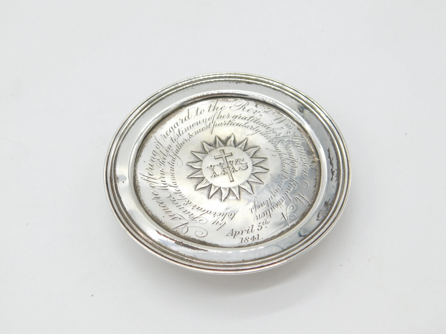 Victorian Sterling Silver IHS Communion Mourning Plate Antique 1839 London