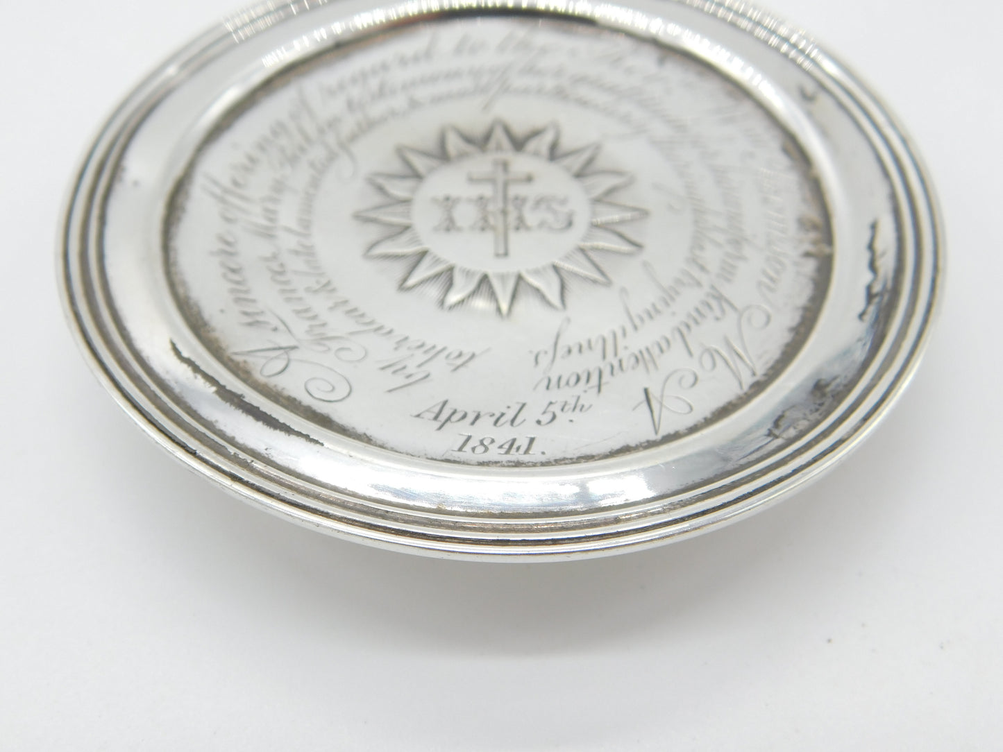 Victorian Sterling Silver IHS Communion Mourning Plate Antique 1839 London