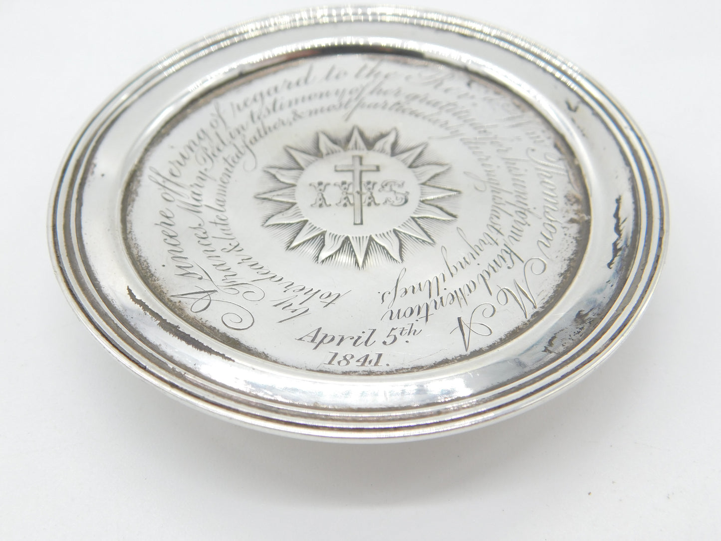 Victorian Sterling Silver IHS Communion Mourning Plate Antique 1839 London