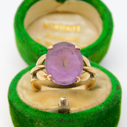14ct Yellow Gold & Amethyst Set Leaf Pattern Dress Ring Antique c1940 Art Deco