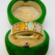 9ct Yellow Gold Five-Stone Fire Opal & Diamond Boat Ring Vintage c1990 Sheffield